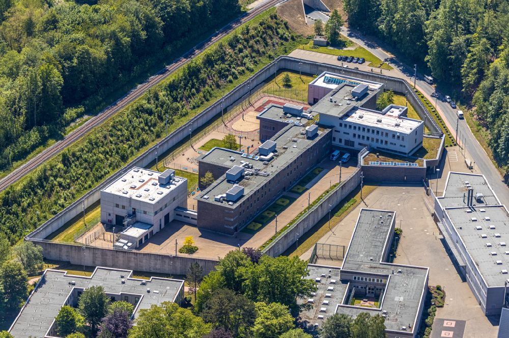 Hansestadt Attendorn from the bird's eye view: Prison grounds and high security fence Prison on Biggeweg in the district Ewig in Attendorn in the state North Rhine-Westphalia, Germany