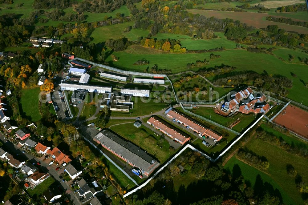 Ottweiler from above - Prison grounds and high security fence Prison in Ottweiler in the state Saarland, Germany