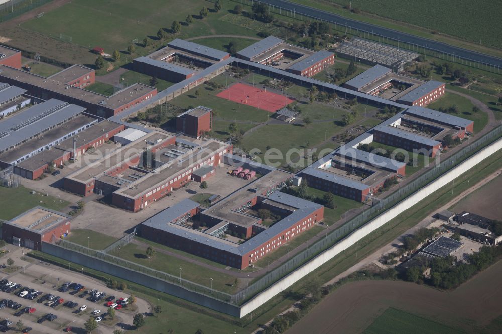 Raßnitz from the bird's eye view: Prison grounds and high security fence Prison in Rassnitz in the state Saxony-Anhalt, Germany