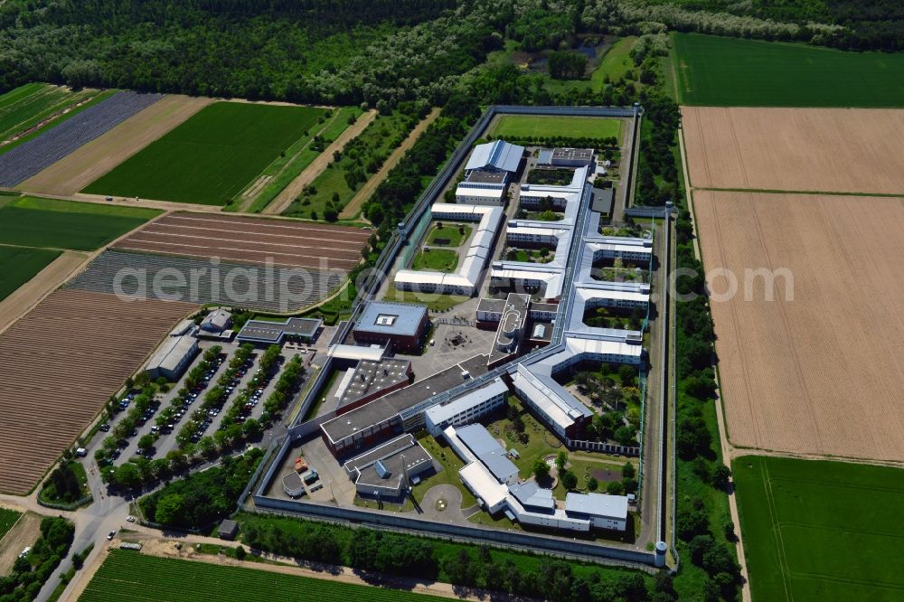 Weiterstadt from above - View of the jail Weiterstadt in the German state of Hessen. The jail became famous as the site of the last attack by the Red Army Fraction RAF in 1993 when terrorists blew up the newly built jail