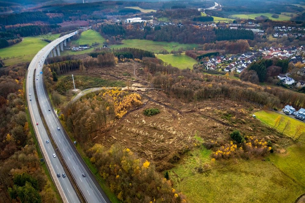 Aerial photograph Lüdenscheid - Bald area of a cleared forest on Brueninghauser Strasse in the district Hellersen in Luedenscheid in the state North Rhine-Westphalia, Germany