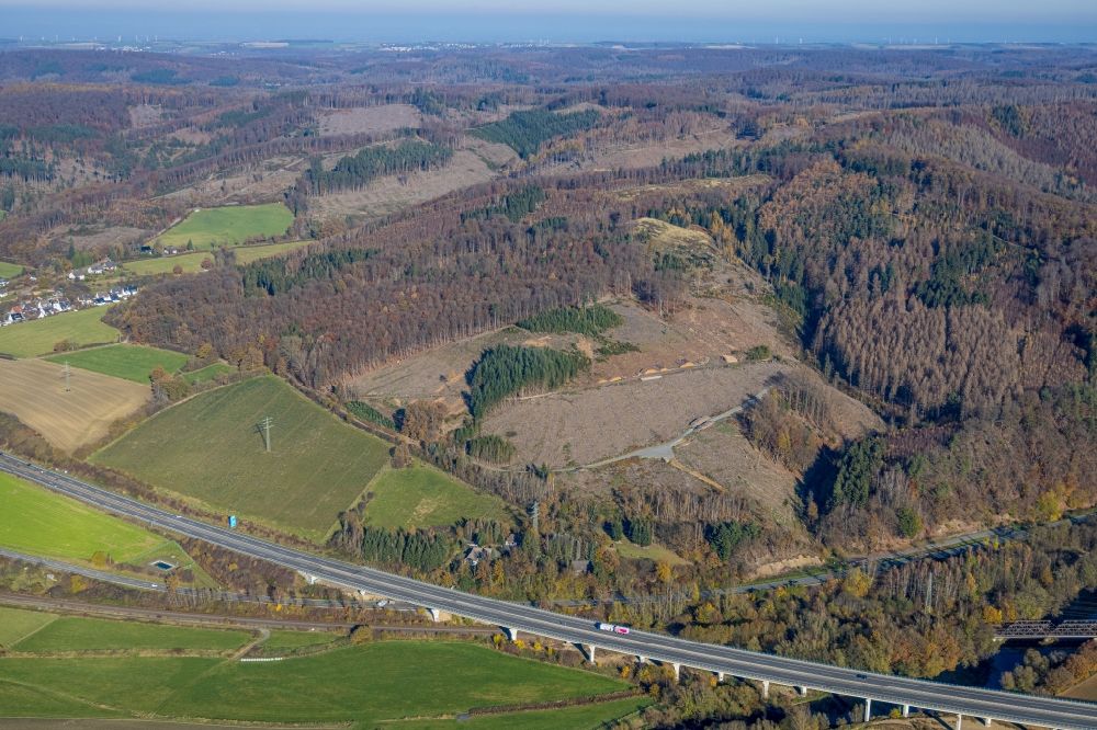Aerial photograph Arnsberg - Bald area of a cleared forest along the BAB A46 in the district Uentrop in Arnsberg at Sauerland in the state North Rhine-Westphalia, Germany