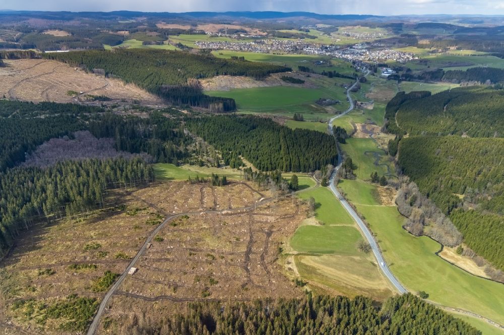 Aerial photograph Erndtebrück - Bald area of a cleared forest in Erndtebrueck on Siegerland in the state North Rhine-Westphalia, Germany