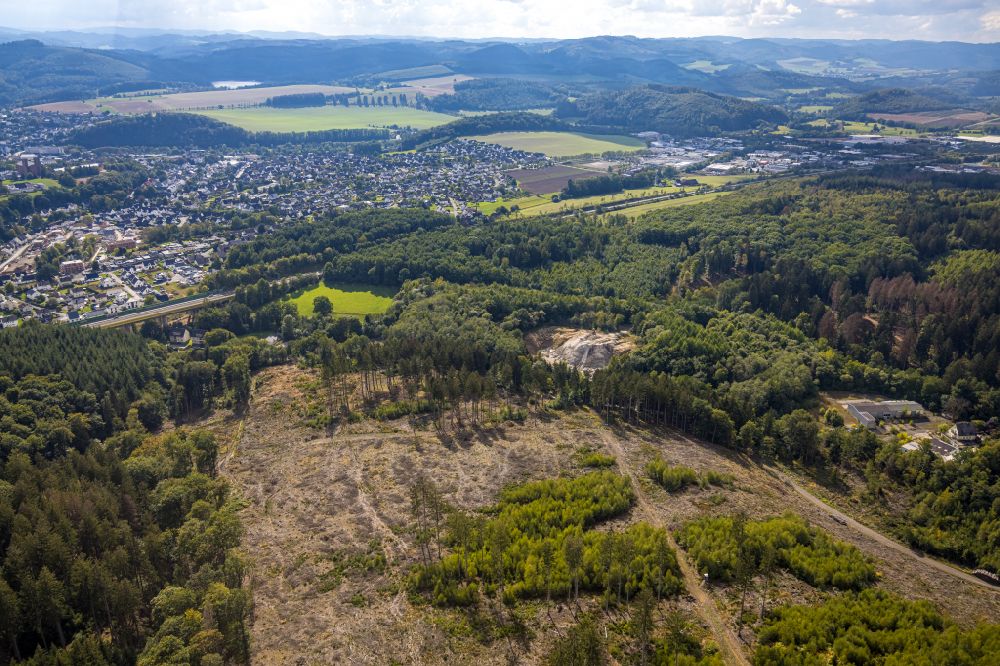 Meschede from above - Bald area of a cleared forest in Meschede at Sauerland in the state North Rhine-Westphalia, Germany