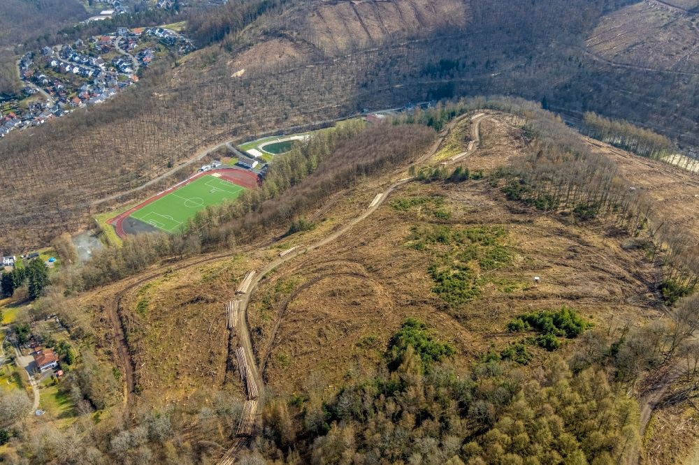 Siegen from the bird's eye view: Bald area of a cleared forest in the district Eiserfeld in Siegen at Siegerland in the state North Rhine-Westphalia, Germany
