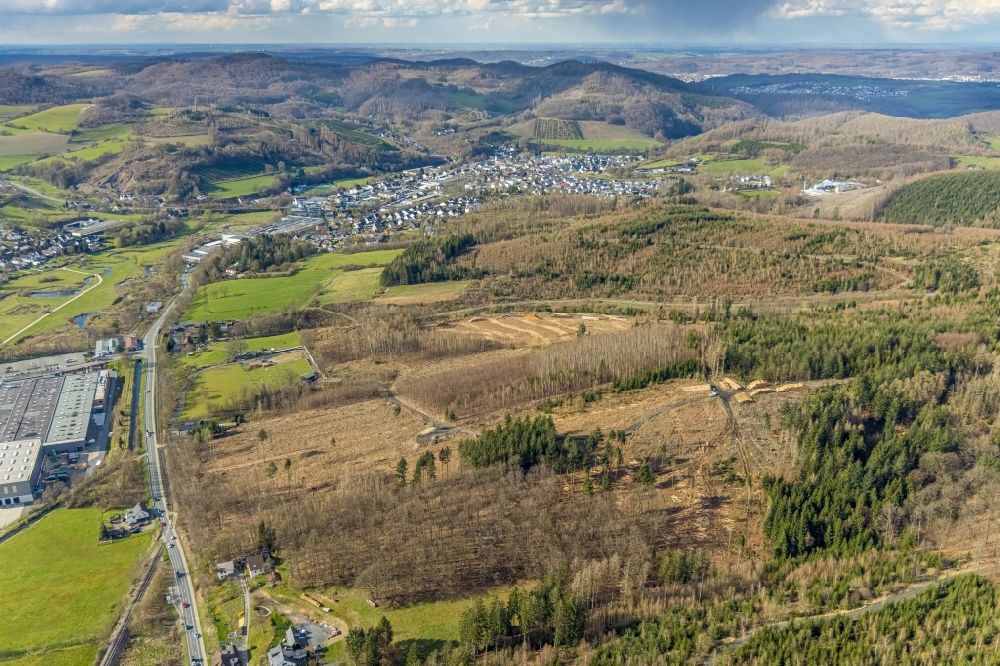 Aerial image Tiefenhagen - Bald area of a cleared forest in Tiefenhagen at Sauerland in the state North Rhine-Westphalia, Germany
