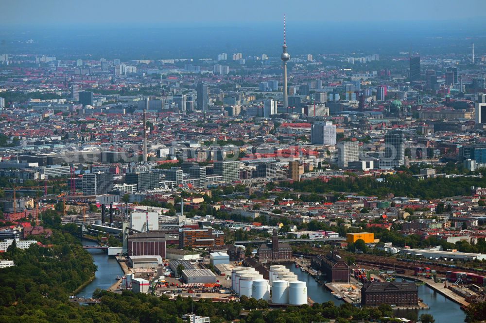 Berlin from above - Quays and boat moorings at the port of the inland port Berliner Westhafen in the district Moabit in Berlin, Germany