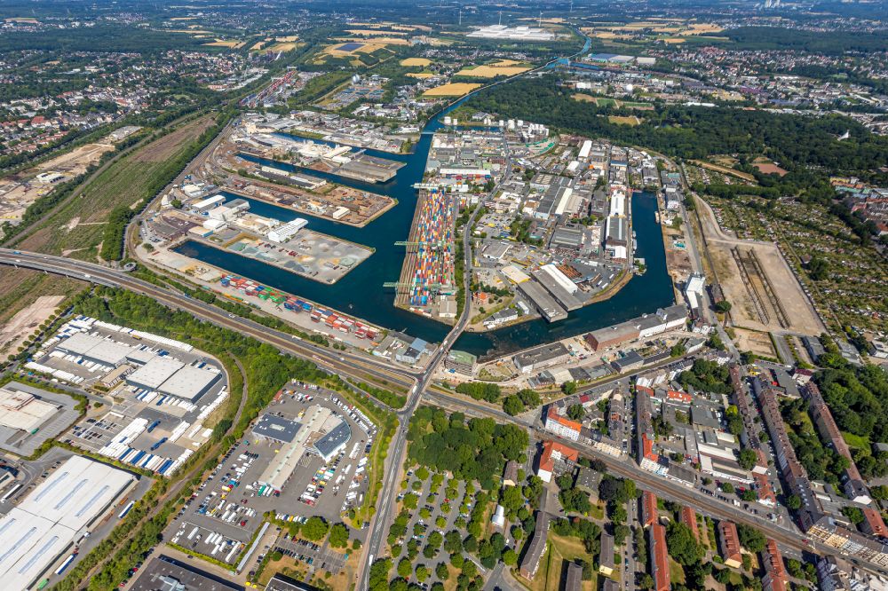 Dortmund from above - Quays and boat moorings at the port of the inland port in Dortmund in the state North Rhine-Westphalia, Germany