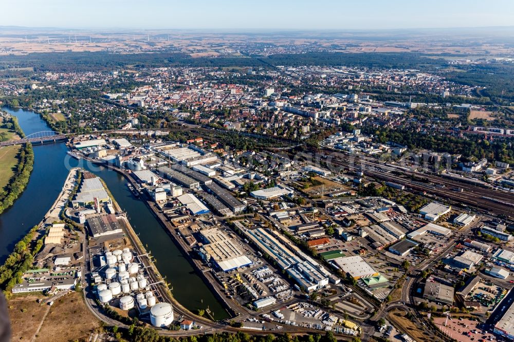 Hanau from above - Quays and boat moorings at the port of the inland port of the Main river in Hanau in the state Hesse, Germany
