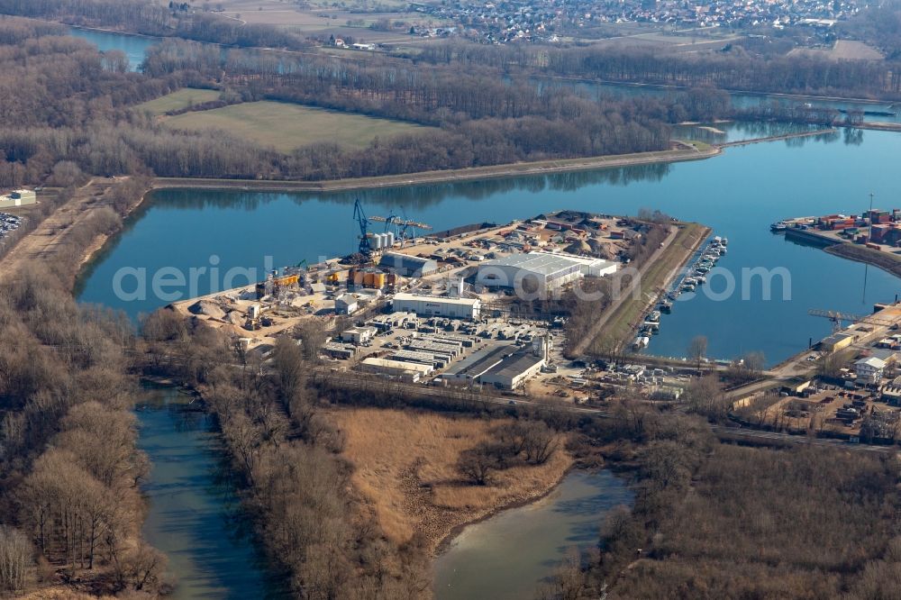 Germersheim from above - Quays and boat moorings at the port of the inland port of the Rhine river in Germersheim in the state Rhineland-Palatinate, Germany