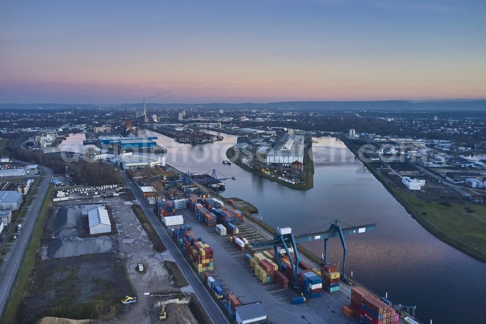 Karlsruhe from above - Quays and boat moorings at the port of the inland port Rhein in Karlsruhe in the state Baden-Wurttemberg, Germany