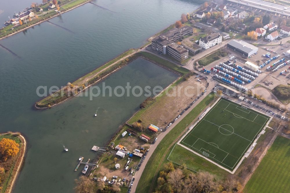 Aerial image Wörth am Rhein - Quays and boat moorings at the port of the inland port Maximiliansau in Woerth am Rhein in the state Rhineland-Palatinate, Germany