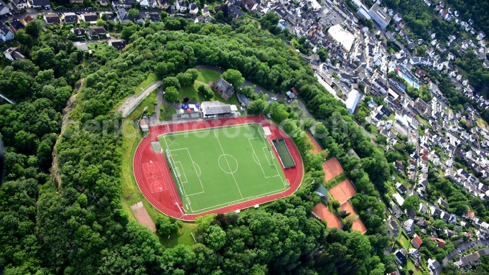 Aerial photograph Linz am Rhein - Kaiserberg Stadium in Linz am Rhein in the state Rhineland-Palatinate, Germany