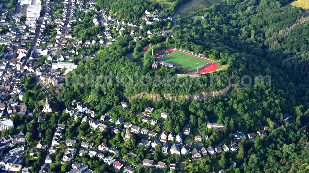 Linz am Rhein from above - Kaiserberg Stadium in Linz am Rhein in the state Rhineland-Palatinate, Germany
