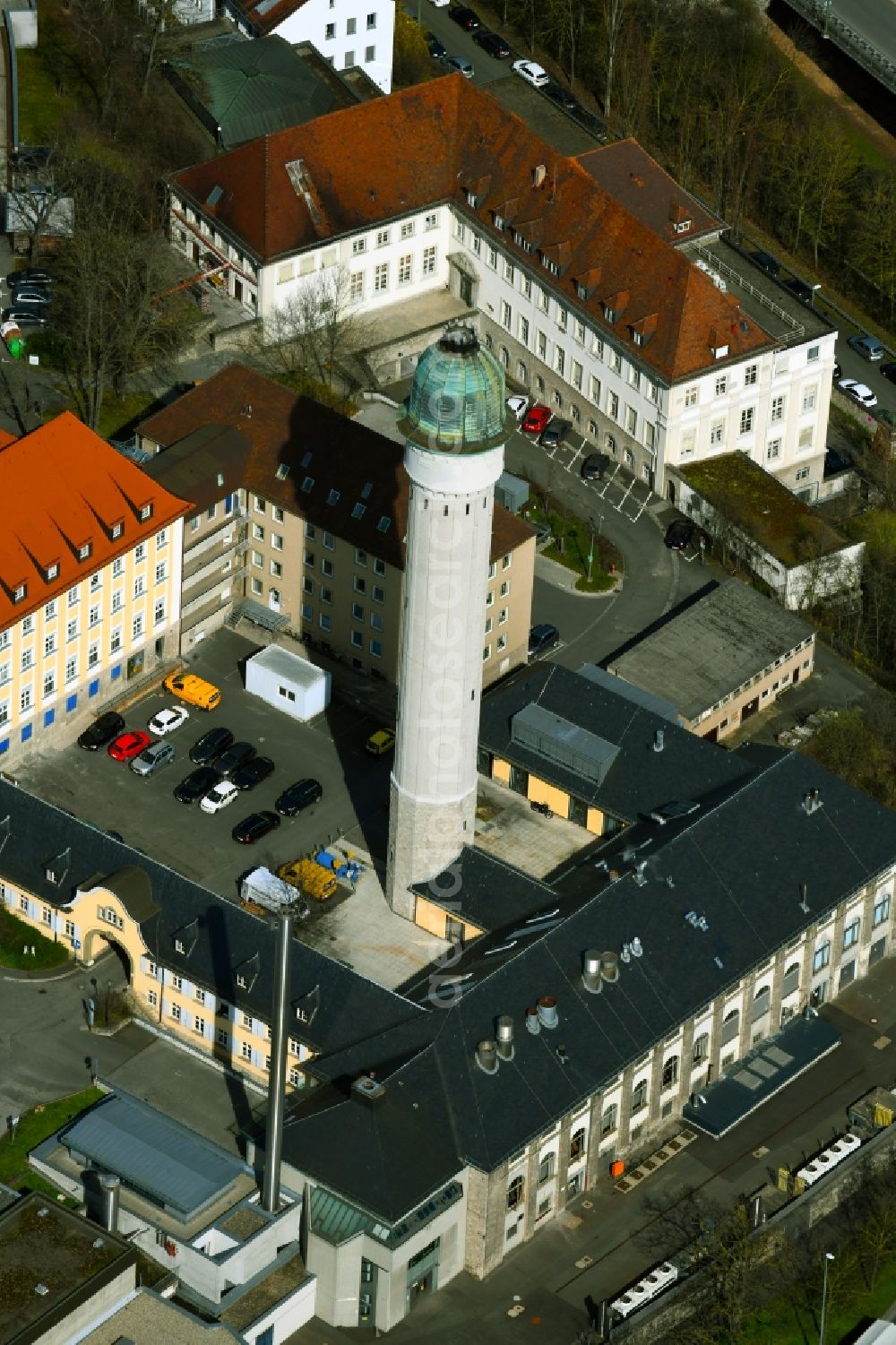 Würzburg from the bird's eye view: Fireplace - also known as a water tower or unit tower - of the university hospital in Wuerzburg in the state of Bavaria, Germany