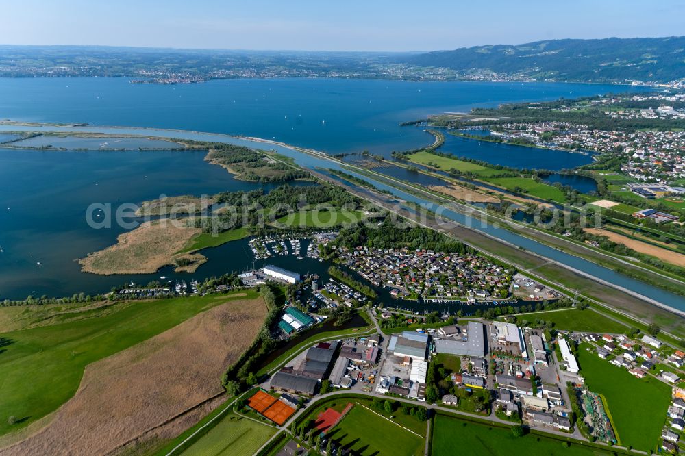 Aerial photograph Hard - Canal of the river mouth at Rhine river into Lake Constance at Fussach and Hard at Bodensee in Vorarlberg, Austria