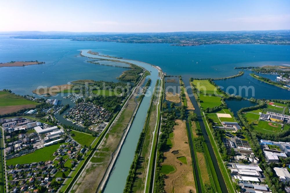 Hard from above - Canal of the river mouth at Rhine river into Lake Constance at Fussach and Hard at Bodensee in Vorarlberg, Austria