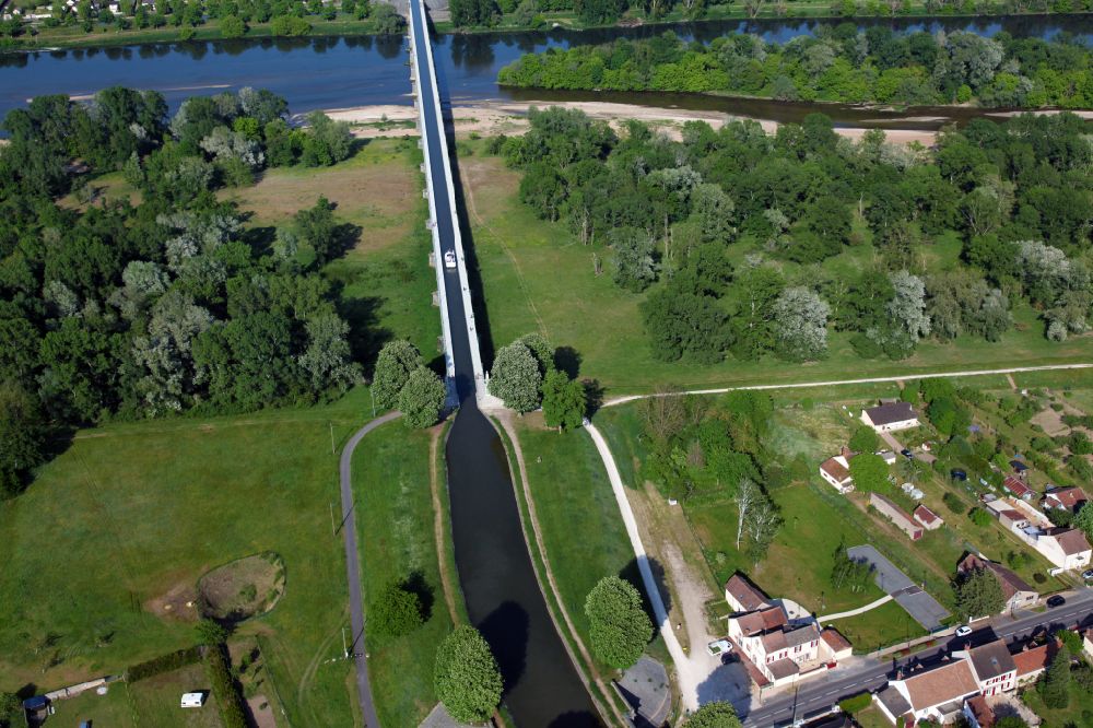 Briare from above - Canal course and shore areas of the connecting canal Briare canal bridge in Briare in Centre-Val de Loire, France. With this bridge the canal crosses the river Loire