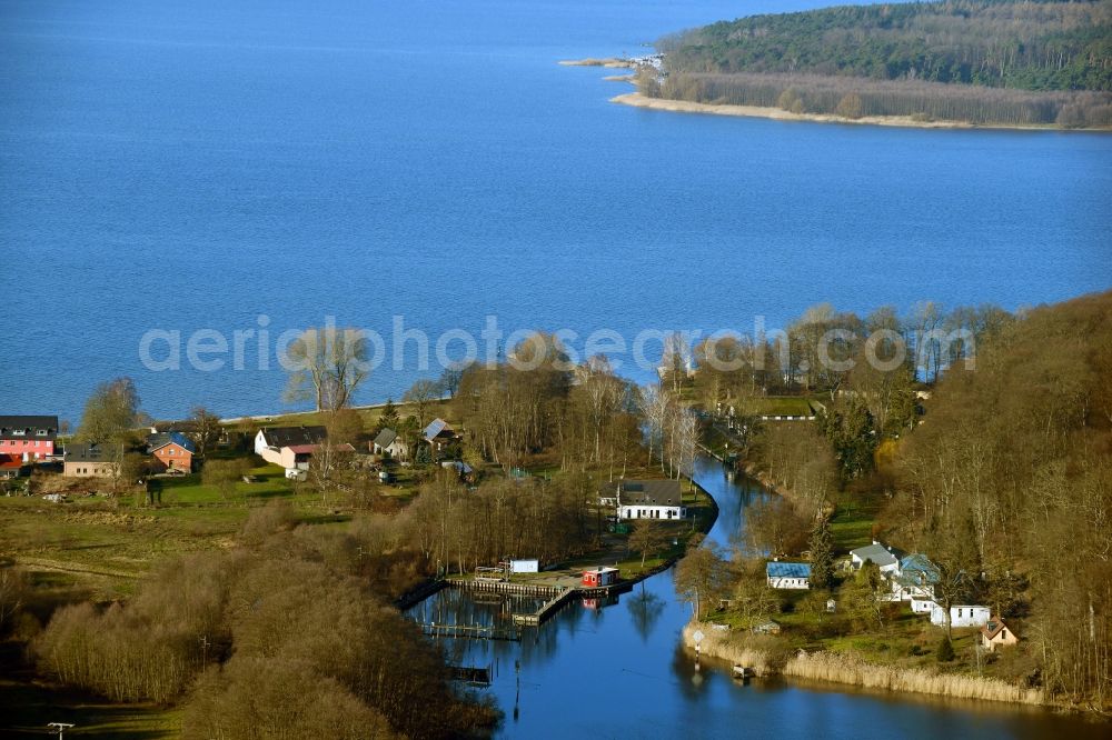 Lenz from above - Canal course and shore areas of the connecting canal Lenzer Kanal in Lenz in the state Mecklenburg - Western Pomerania, Germany