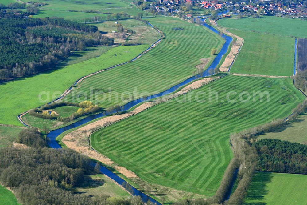 Krohn from above - Canal course and shore areas of the connecting canal MEW Mueritz-Elde-Wasserstrasse in Krohn in the state Mecklenburg - Western Pomerania, Germany