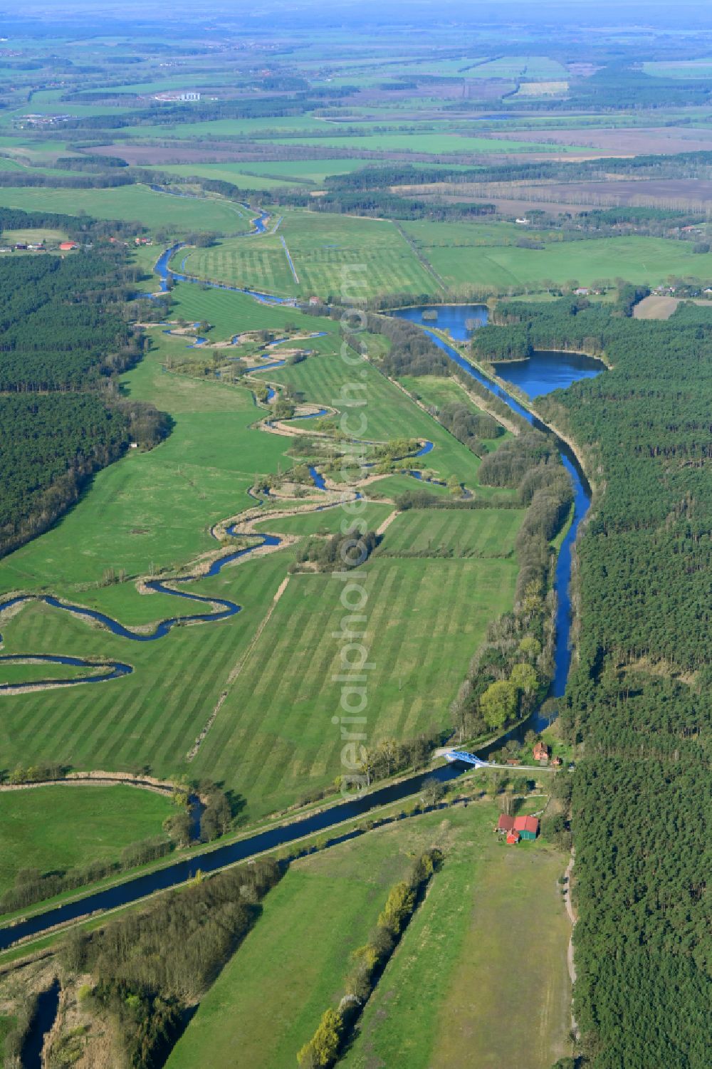 Wanzlitz from above - Canal course and shore areas of the connecting canal MEW Mueritz-Elde-Wasserstrasse in Wanzlitz in the state Mecklenburg - Western Pomerania, Germany