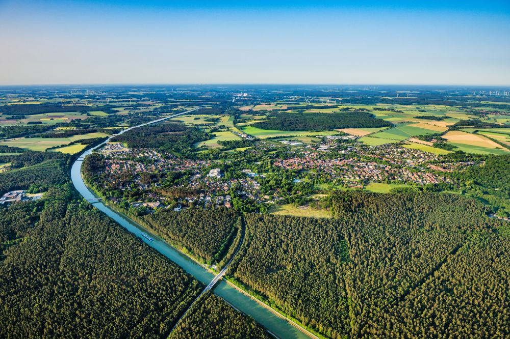 Bad Bevensen from above - Canal course and shore areas of the connecting canal Mittelland Canal in Bad Bevensen in the state Lower Saxony, Germany