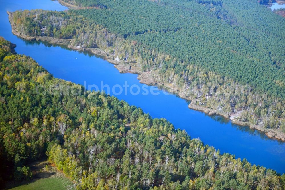 Großkoschen from above - Canal course and shore areas of the connecting canal to the sea Senftenberger See in Grosskoschen in the state Brandenburg, Germany