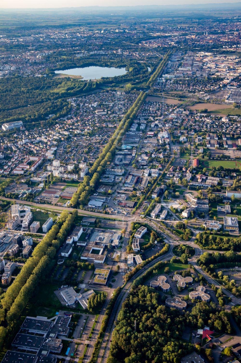 Aerial photograph Illkirch-Graffenstaden - Channel flow and river banks of the waterway shipping Canal du Rhone au Rhin on street Rue de l'Industrie in Illkirch-Graffenstaden in Grand Est, France