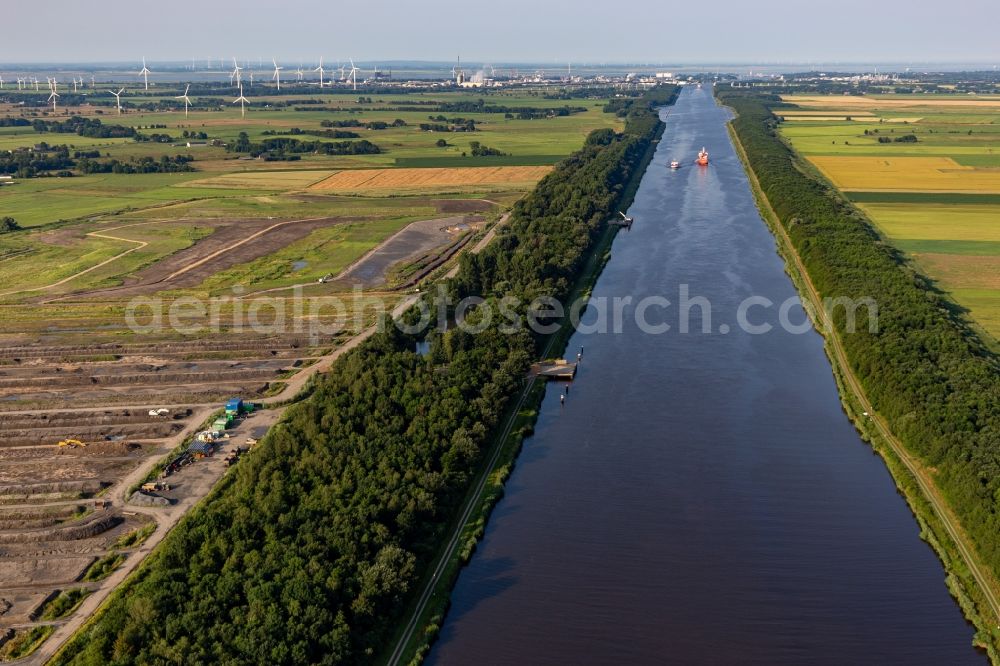Buchholz from above - Channel flow and river banks of the waterway shipping Nordostseekanal in Buchholz in the state Schleswig-Holstein, Germany