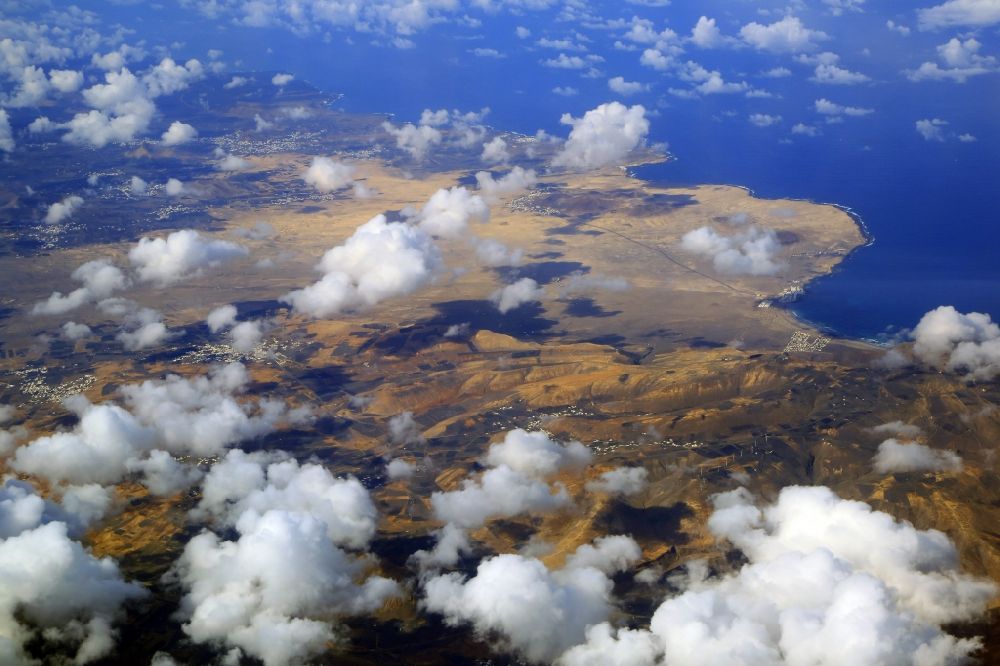 Aerial image Haria - Coastal area and landscape of the Canary Island Lanzarote in the area of Haria in Canarias, Spain
