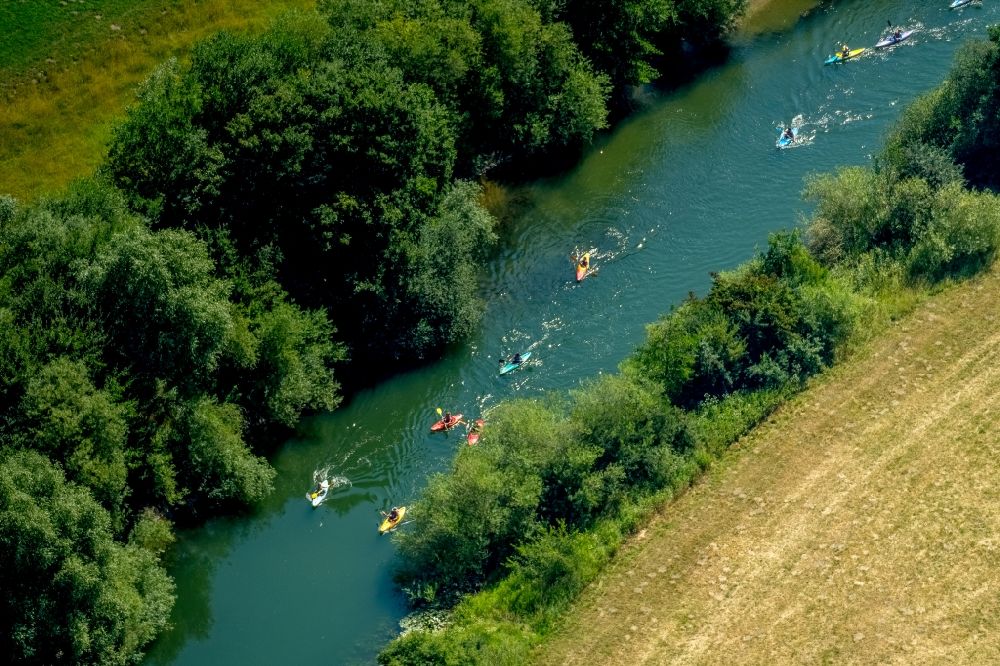 Aerial photograph Dolberg - Canoeists - ride and training on river Lippe in Dolberg in the state North Rhine-Westphalia, Germany