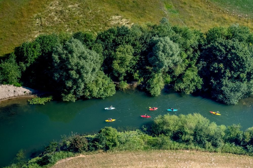 Dolberg from the bird's eye view: Canoeists - ride and training on river Lippe in Dolberg in the state North Rhine-Westphalia, Germany