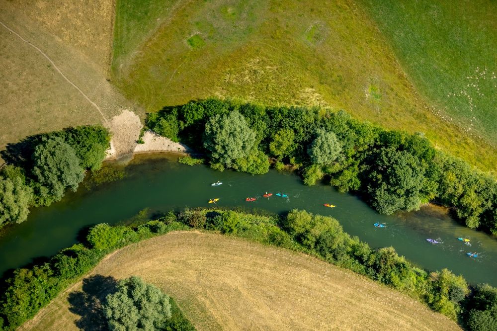 Aerial image Dolberg - Canoeists - ride and training on river Lippe in Dolberg in the state North Rhine-Westphalia, Germany