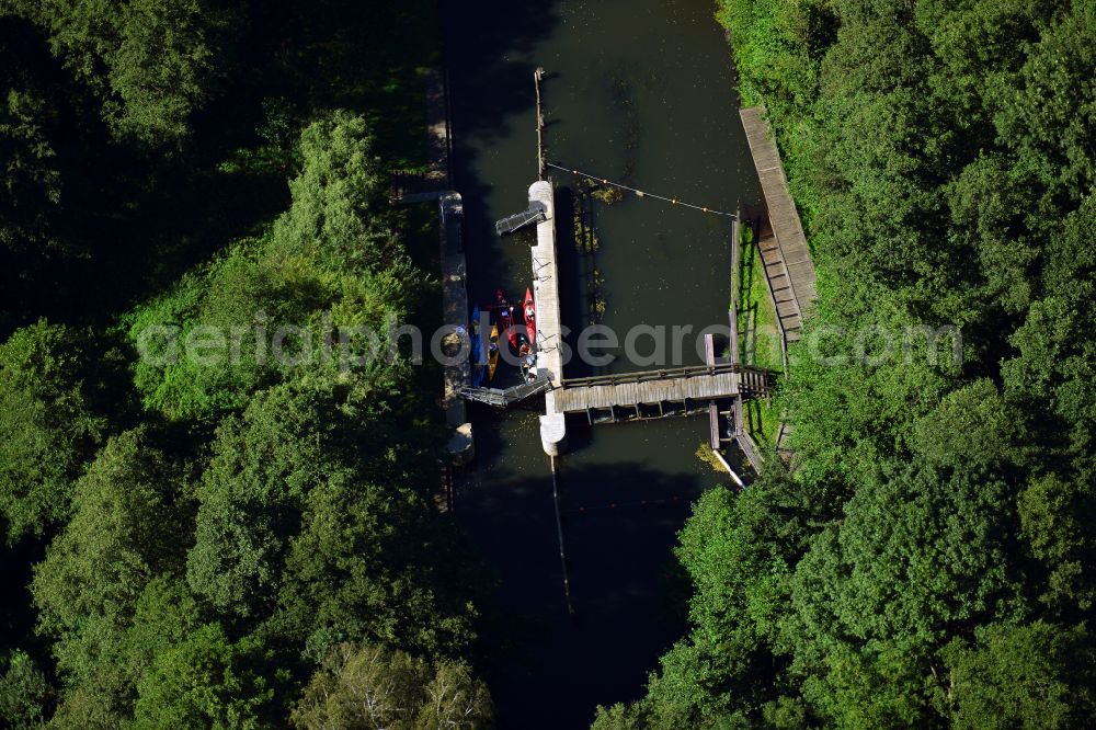 Aerial image Lübbenau/Spreewald - Canoeists - ride and training at a lock on the course of the main Spree in Luebbenau/Spreewald at Spreewald in the state Brandenburg, Germany