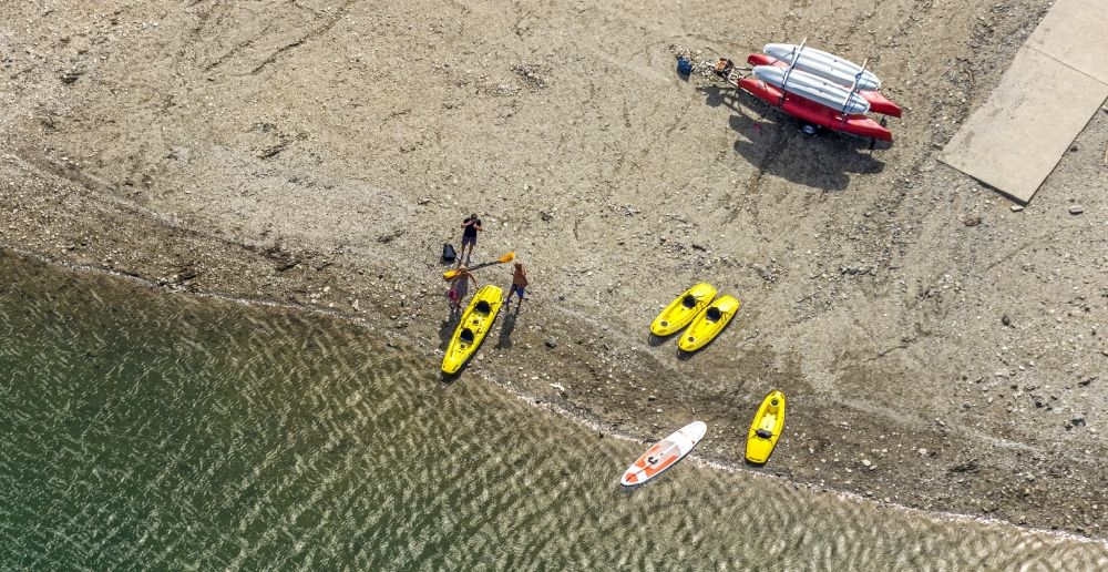 Meschede from above - Canoeists - ride and training on Hennesee in Meschede in the state North Rhine-Westphalia, Germany