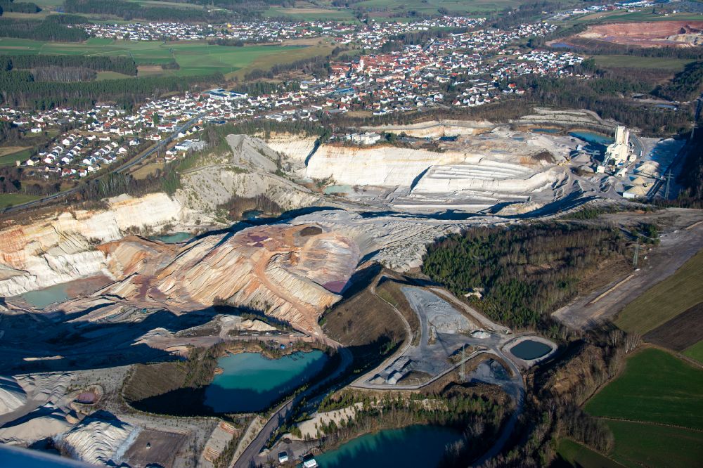 Hirschau from above - Site and tailings area of the gravel mining on street B14 in Schnaittenbach / Hirschau in the state Bavaria, Germany