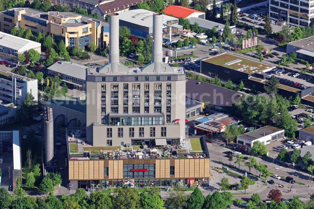 Aerial photograph München - KARE Furniture store in the former cogeneration plant at the Drygalski-Allee in Munich Obersendling in the state of Bavaria