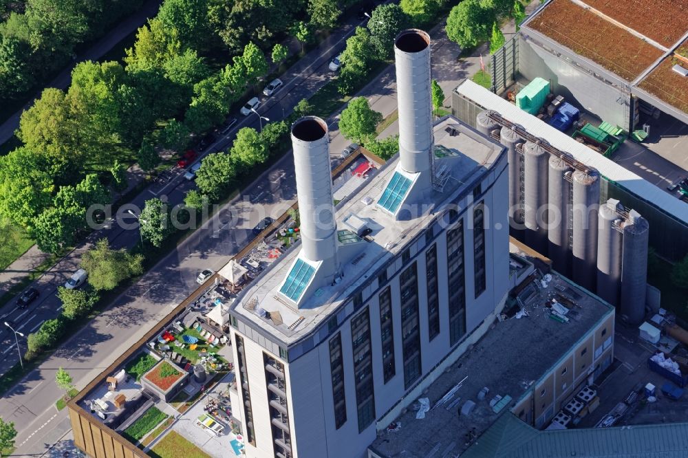 Aerial photograph München - KARE Furniture store in the former cogeneration plant at the Drygalski-Allee in Munich Obersendling in the state of Bavaria