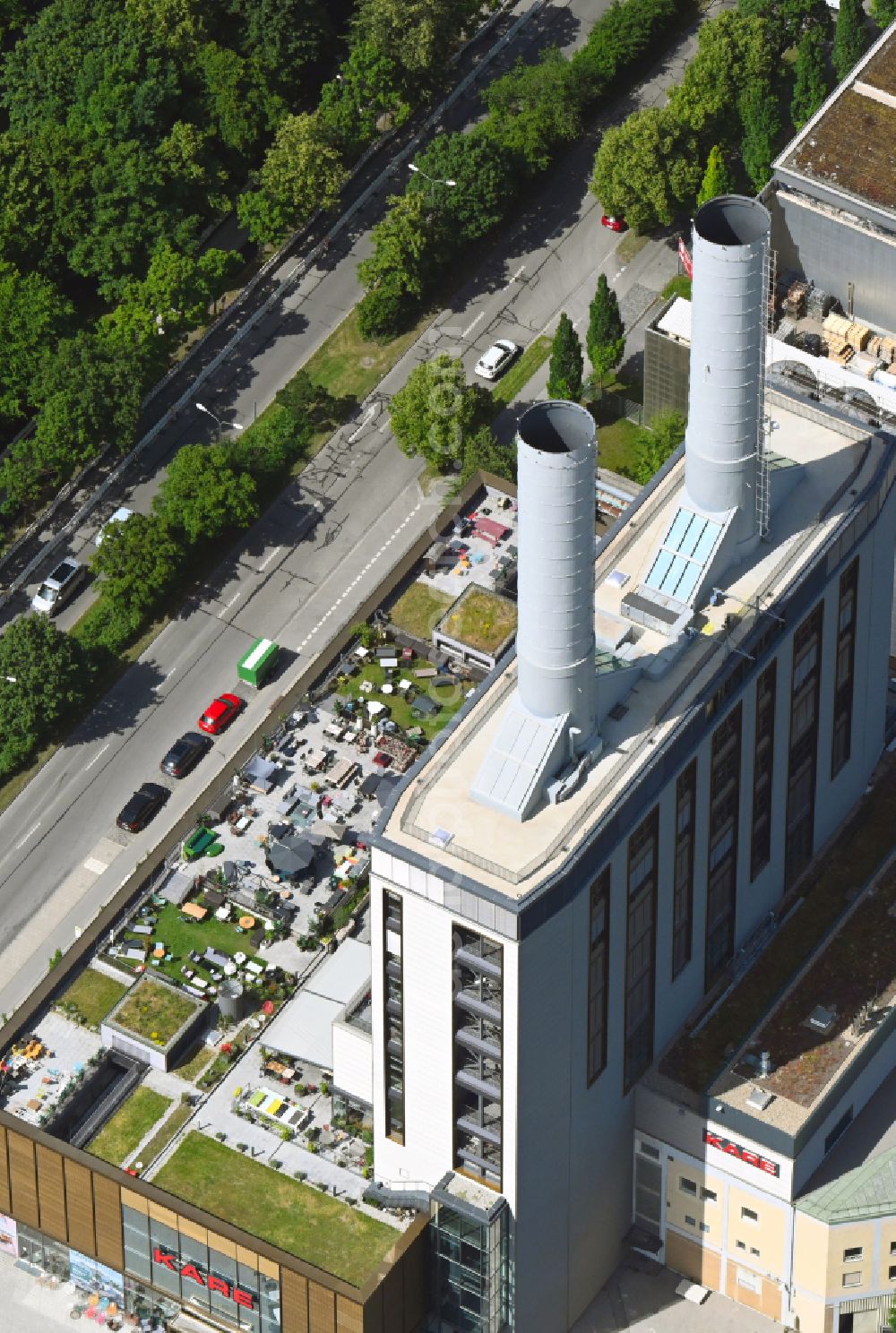 Aerial image München - KARE Furniture store in the former cogeneration plant at the Drygalski-Allee in Munich Obersendling in the state of Bavaria