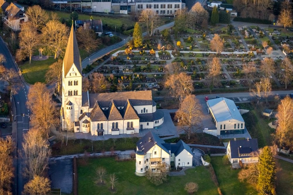 Wickede (Ruhr) from above - Aerial view of the catholic parish church Saint Anthony of Padua and catholic cemetery in Wickede (Ruhr) in the German state North Rhine-Westphalia, Germany