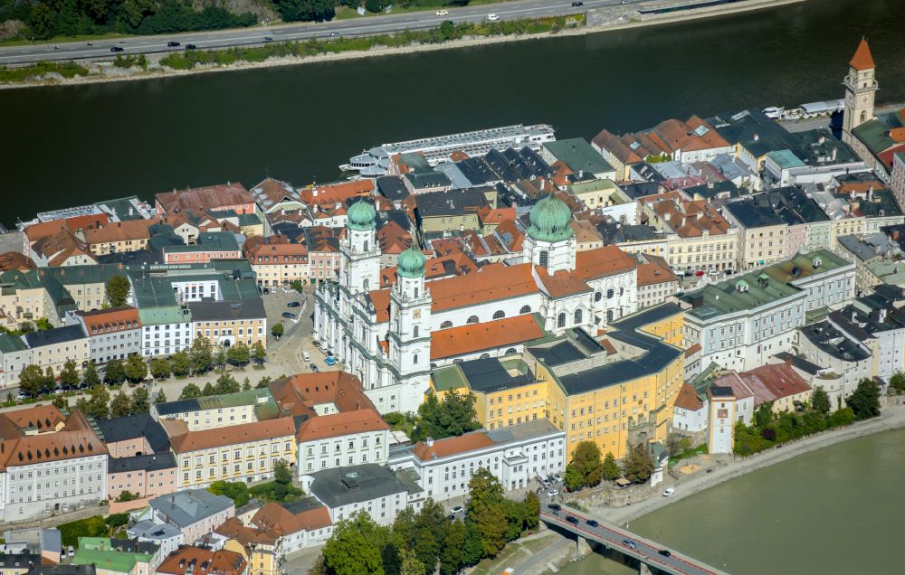 Aerial image Passau - Church building of the cathedral of - Dom St. Stephan on Domplatz in Passau in the state Bavaria, Germany