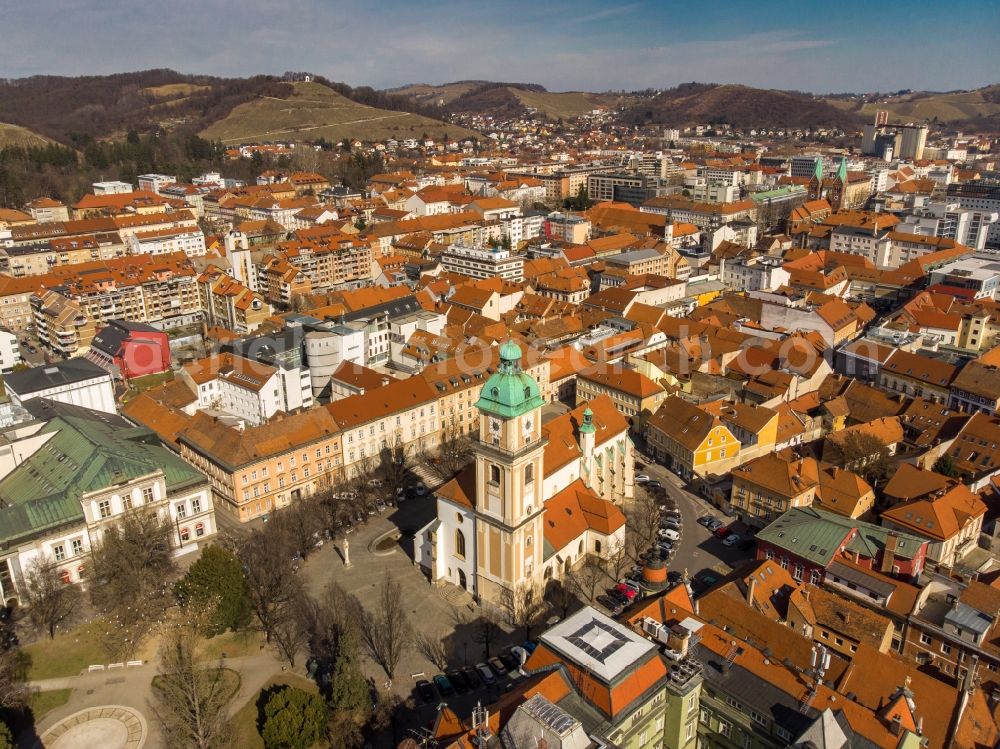 Aerial image Maribor - Church building of the cathedral of von Maribor in Maribor in Upravna enota Maribor, Slovenia