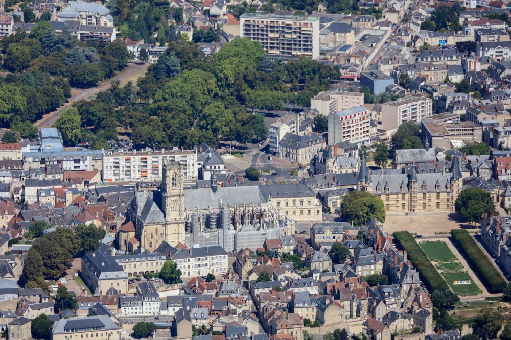 Nevers from above - Church building of the cathedral of Nevers Cathedrale Saint-Cyr et Sainte-Julitte de Nevers in Nevers in Bourgogne-Franche-Comte, France