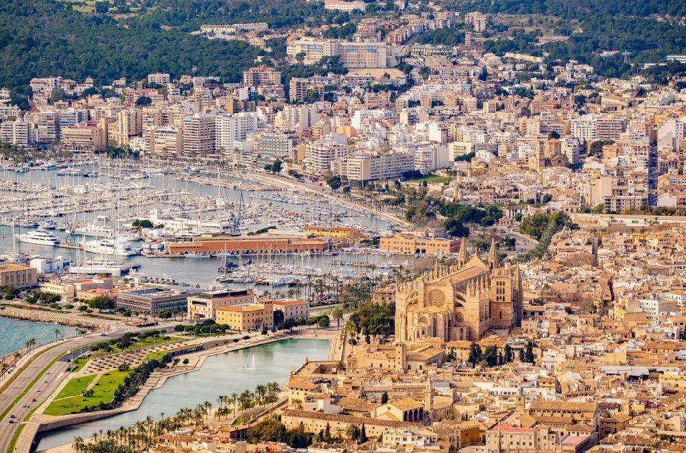 Aerial image Palma - Church building of the cathedral on Placa de la Seu in the old town - center with a view of the harbor and the Son Armadams district in Palma de Mallorca on the Balearic island of Mallorca, Spain