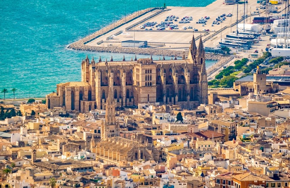 Aerial image Palma - Church building of the cathedral of on Placa de la Seu in center of Palma in Balearic island of Mallorca, Spain