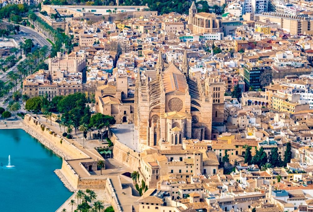 Aerial image Palma - Church building of the cathedral of on Placa de la Seu in center of Palma in Balearic island of Mallorca, Spain