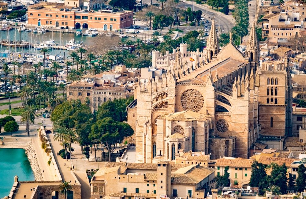 Aerial image Palma - Church building of the cathedral on Placa de la Seu in the old town - center in Palma de Mallorca on the Balearic island of Mallorca, Spain