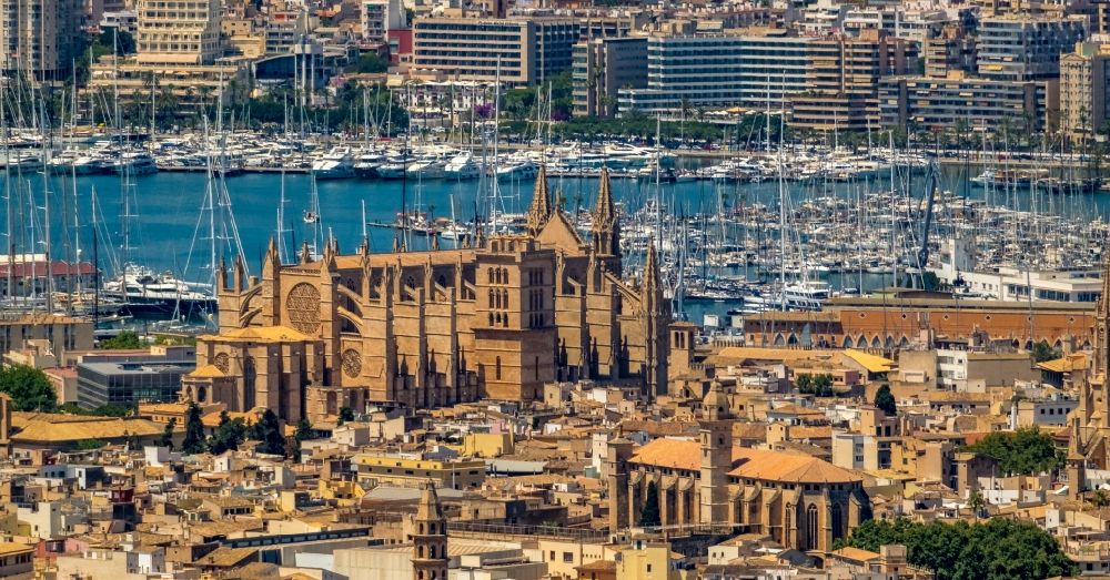 Palma from above - Church building of the cathedral on Placa de la Seu in the old town - center in Palma de Mallorca on the Balearic island of Mallorca, Spain