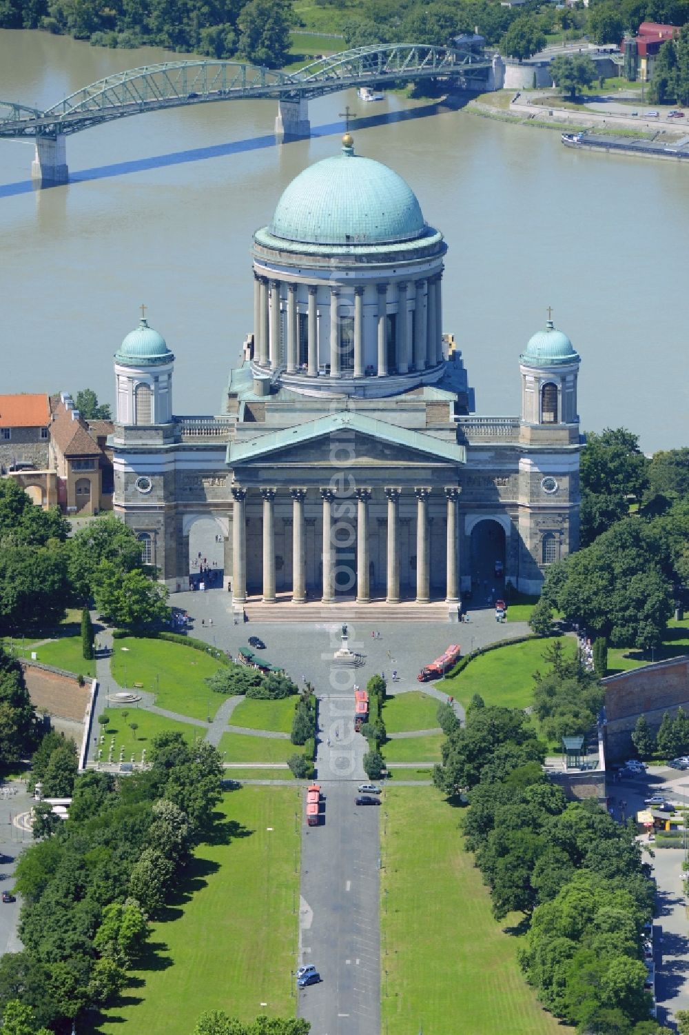 Esztergom from the bird's eye view: Church building of the cathedral of Saint Adalbert Cathedral in Esztergom in Komarom-Esztergom, Hungary