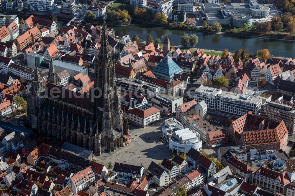 Ulm from above - Church building of the cathedral of Ulmer Muenster on Muensterplatz in Ulm in the state Baden-Wuerttemberg
